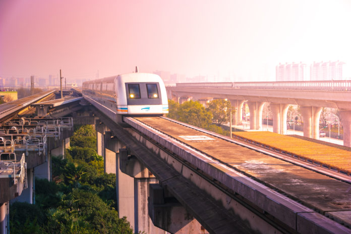 Maglev train in Shanghai, China. This train is the first commercially operated high-speed magnetic levitation line in the world Magnetschwebebahn