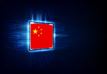 computer chips over digital background with china flag. vector illustration