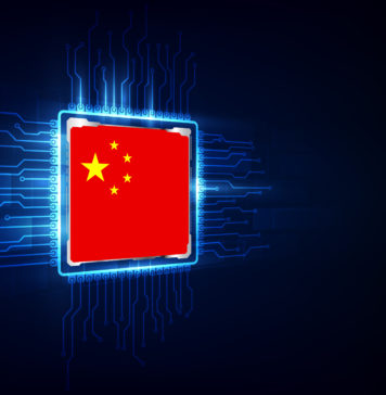 computer chips over digital background with china flag. vector illustration