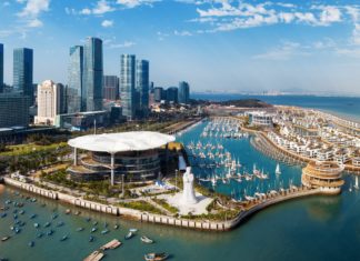 Aerial view of Xiamen city architecture in Fujian, China.