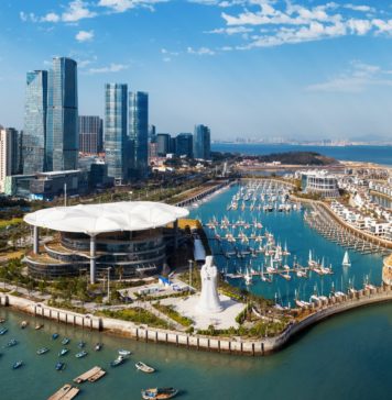 Aerial view of Xiamen city architecture in Fujian, China.