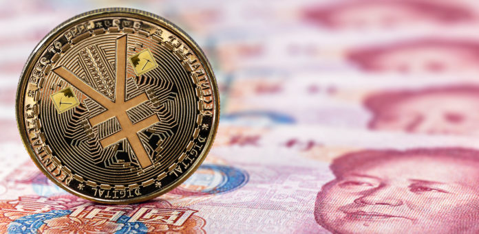e-RMB gold coin, over 100 yuan banknotes, conceptual image of th